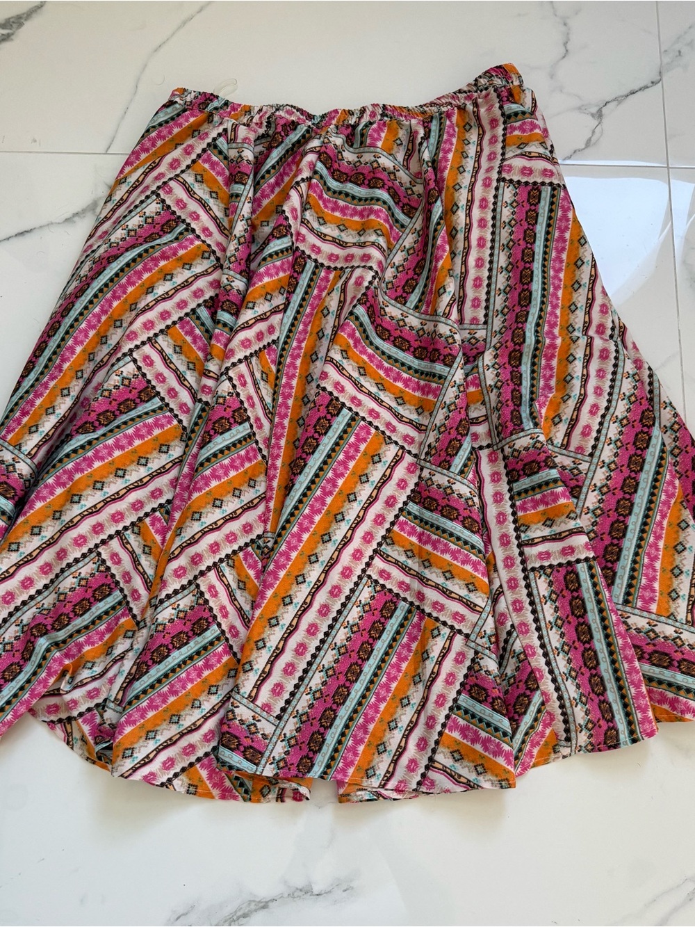 Striped Floral Midi Skirt - Pink & Orange
